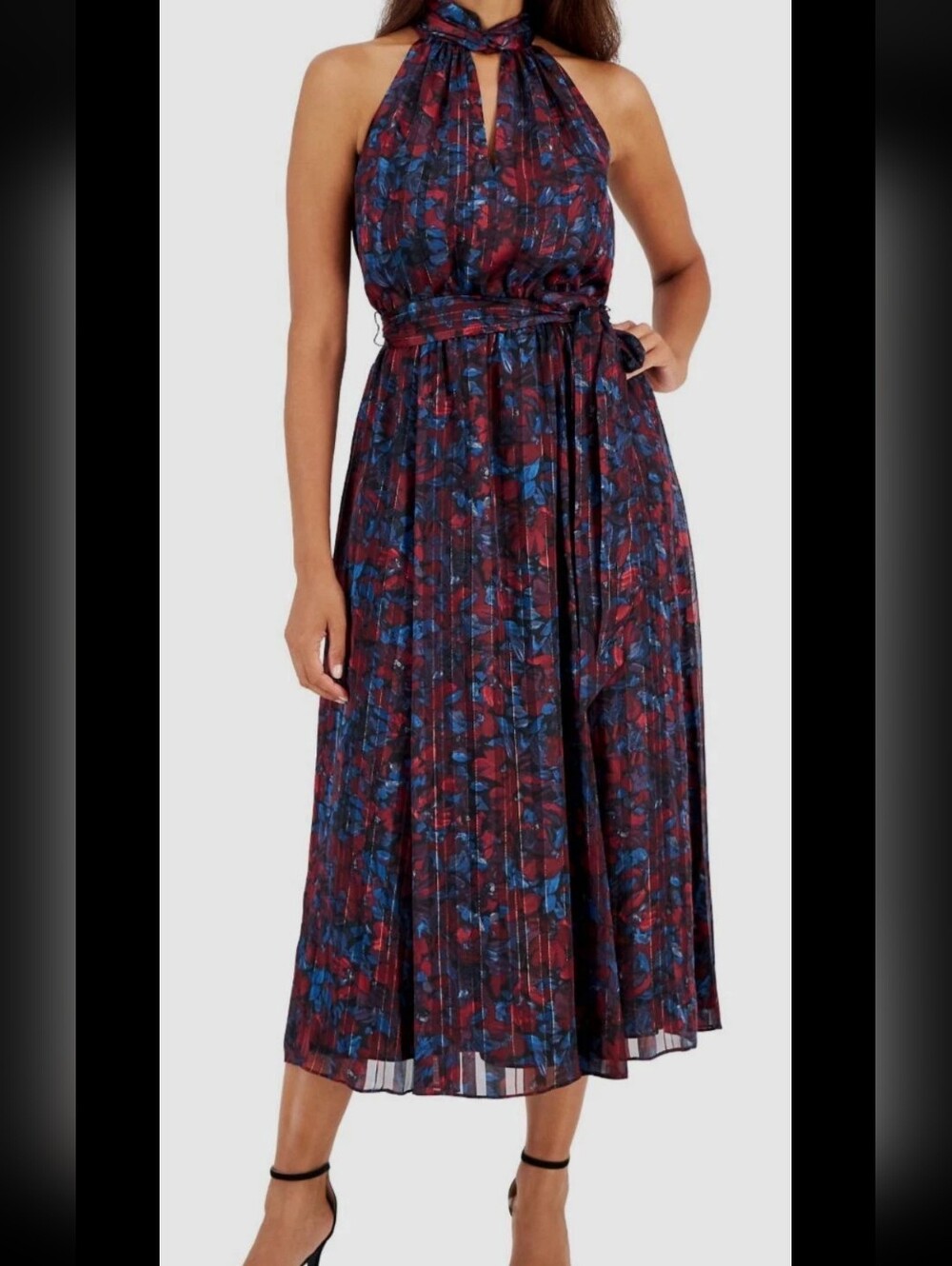 NWT Anne Klein 18W Plus Size Floral Maxi Dress Sleeveless Tie Waist Evening Gown
